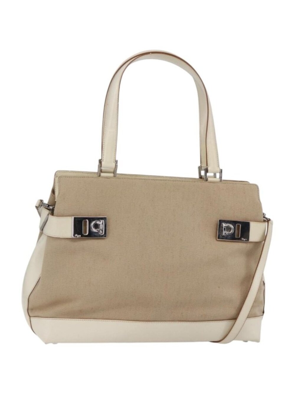 Salvatore Ferragamo Gancini Tote Bag Canvas 2way Beige Silver